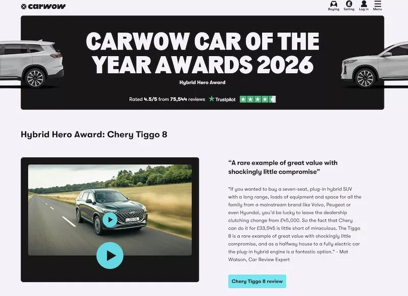Chery TIGGO 8 Raih Car of the Year dan Hybrid Hero Carwow