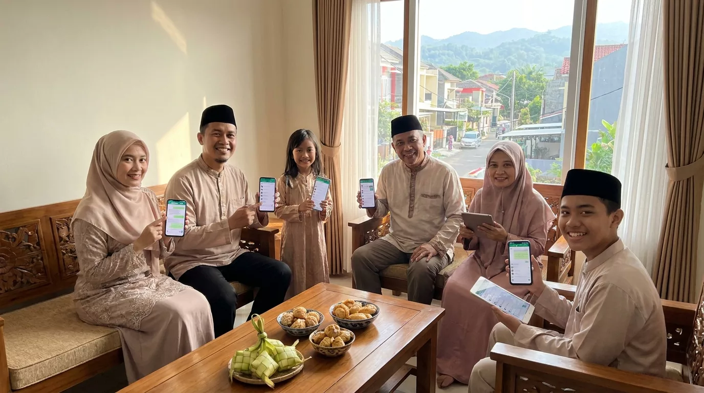 Ilustrasi keluarga Muslim merayakan hari raya dengan teks ucapan idul adha 2026 yang indah.