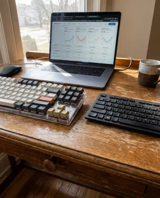 Perbandingan visual antara mechanical keyboard dan keyboard membrane di atas meja kerja.
