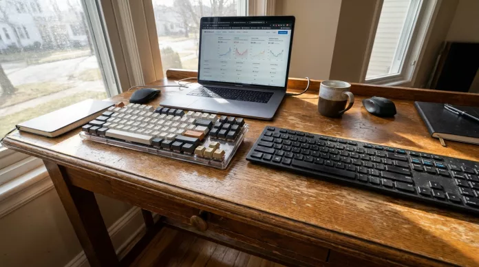 Perbandingan visual antara mechanical keyboard dan keyboard membrane di atas meja kerja.