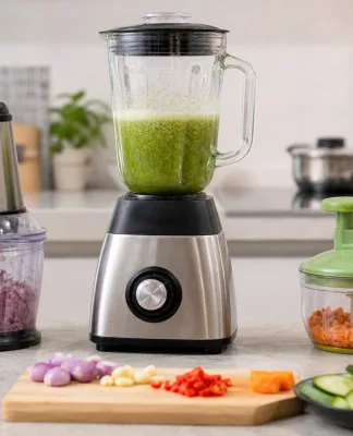 Chopper, Blender, dan Food Chopper, Apa Bedanya? Chopper, blender, dan food chopper diletakkan berdampingan di atas meja dapur modern