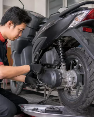 Servis Motor Berapa Bulan Sekali yang Ideal? Mekanik sedang melakukan servis motor di bengkel, ilustrasi servis motor berapa bulan sekali yang ideal