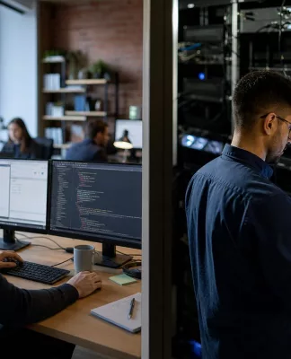 Ilustrasi perbedaan front end dan back end developer dengan ikon kode dan antarmuka web