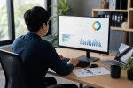 Seorang data analyst sedang menganalisis grafik dan visualisasi data di layar komputer